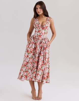 House of CB Emmelina print stretch cotton corset sundress in floral rose-Pink