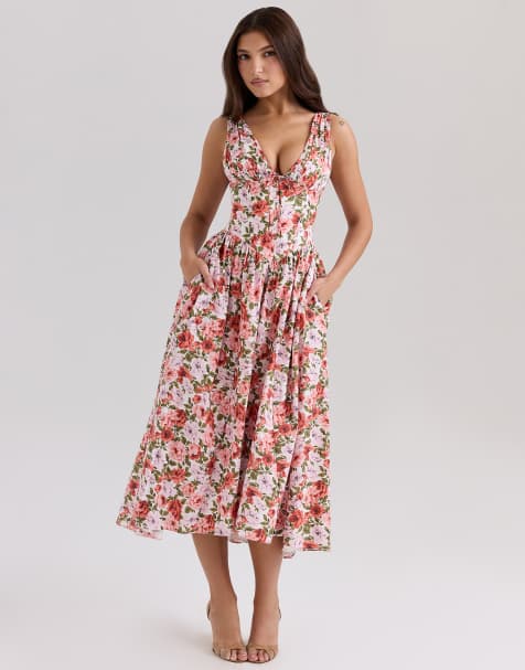 House of CB Emmelina print stretch cotton corset sundress in floral rose