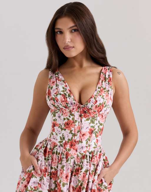 emmelina corset dress House Of Cb Emmelina Corset Cotton-Blend Midi Dress - Sorbet Cotton