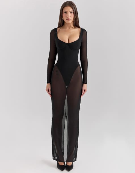 House of CB Everly maxi dress with bodysuit in black
