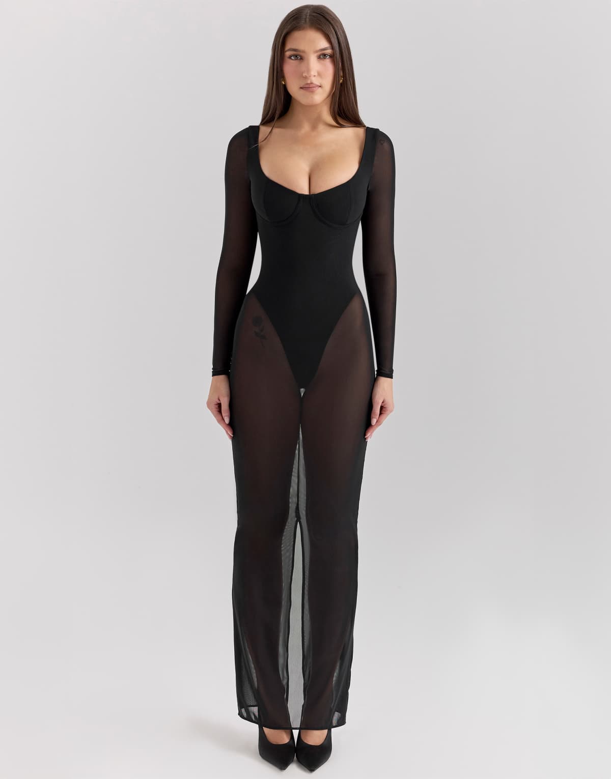 House of CB Everly mesh maxi dress with bodysuit in black