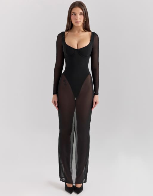House of CB Everly mesh maxi dress with bodysuit in black