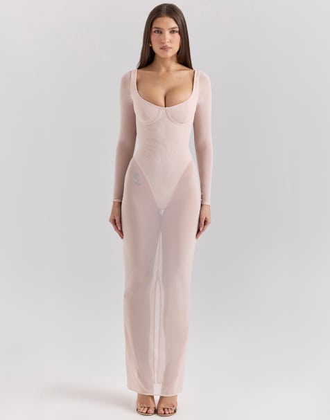 House of CB Everly mesh maxi dress with bodysuit in blush - view 1