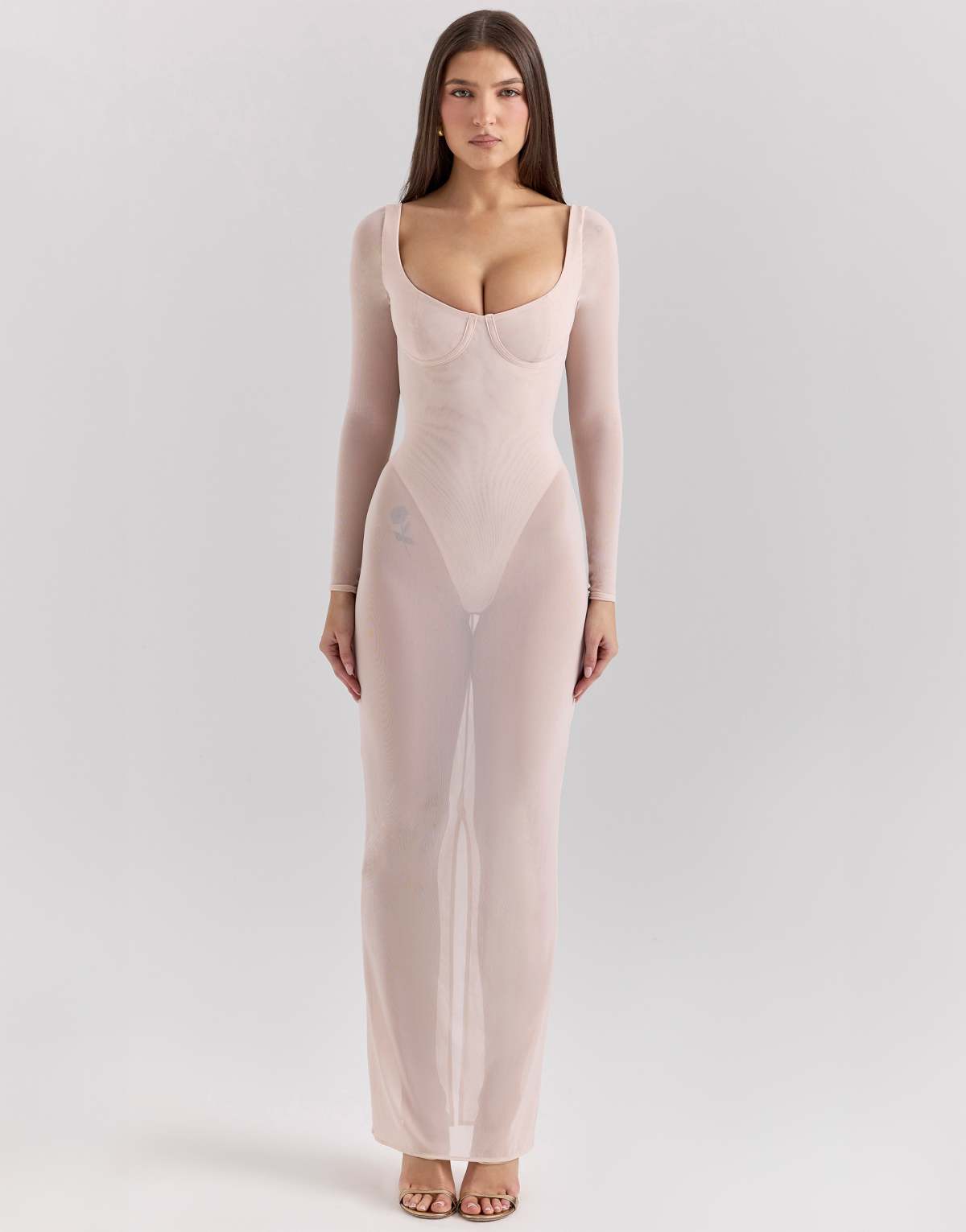 House of CB Everly mesh maxi dress with bodysuit in blush