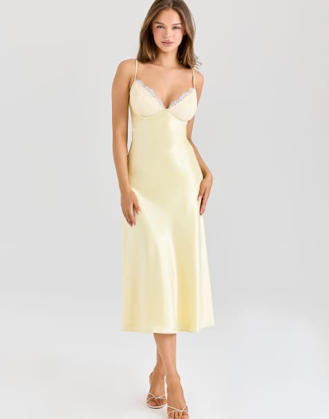 House of CB Felicity butter yellow satin bias cut midi dress in butter yellow