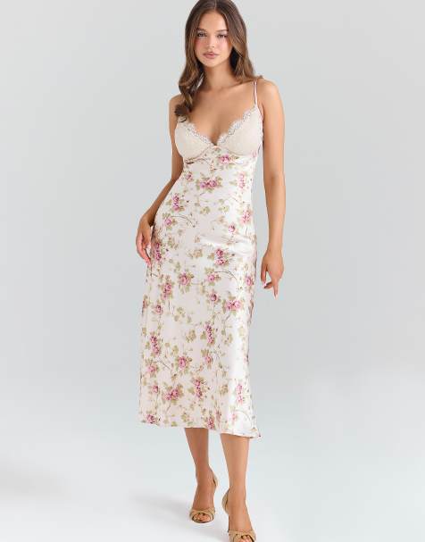 House of CB Felicity ivory floral print satin bias cut midi dress in ivory