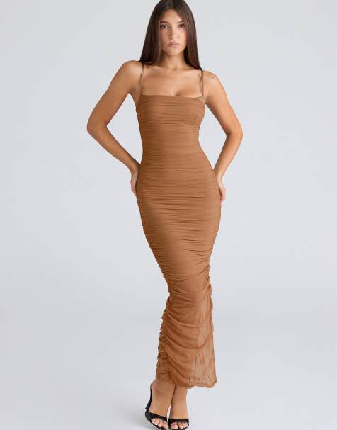 House of CB Fornarina tan gathered stretch mesh maxi dress in tan