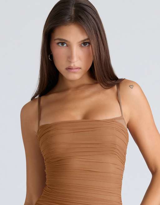 House of CB Fornarina tan gathered stretch mesh maxi dress in tan | ASOS