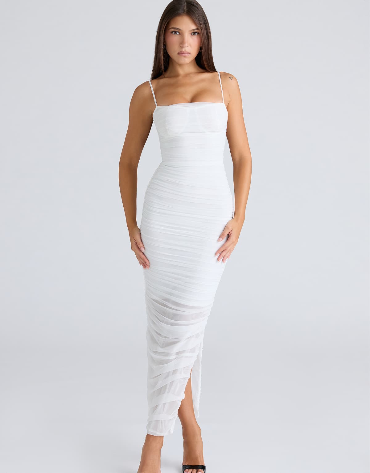 House of CB Fornarina white gathered stretch mesh midi dress in white