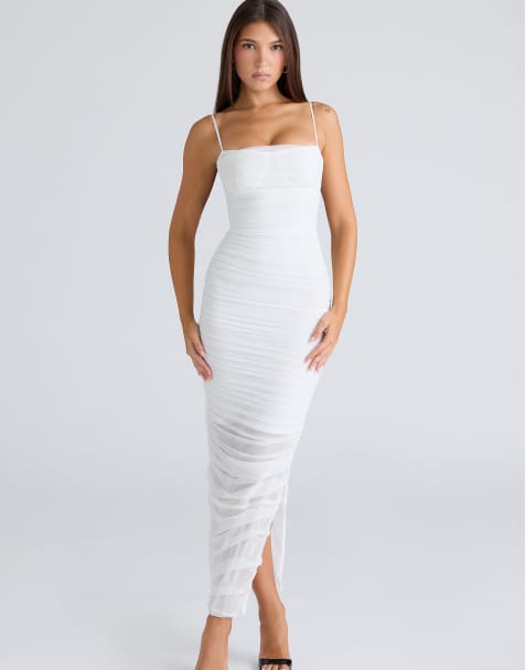 House of CB Fornarina white gathered stretch mesh midi dress in white