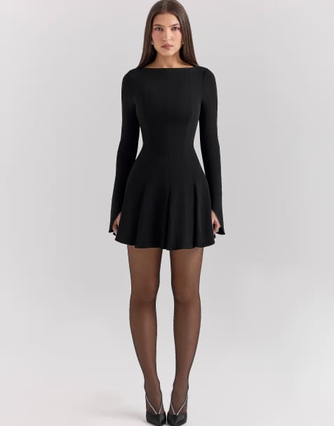 House of CB Francesca stretch crepe godet mini dress in black