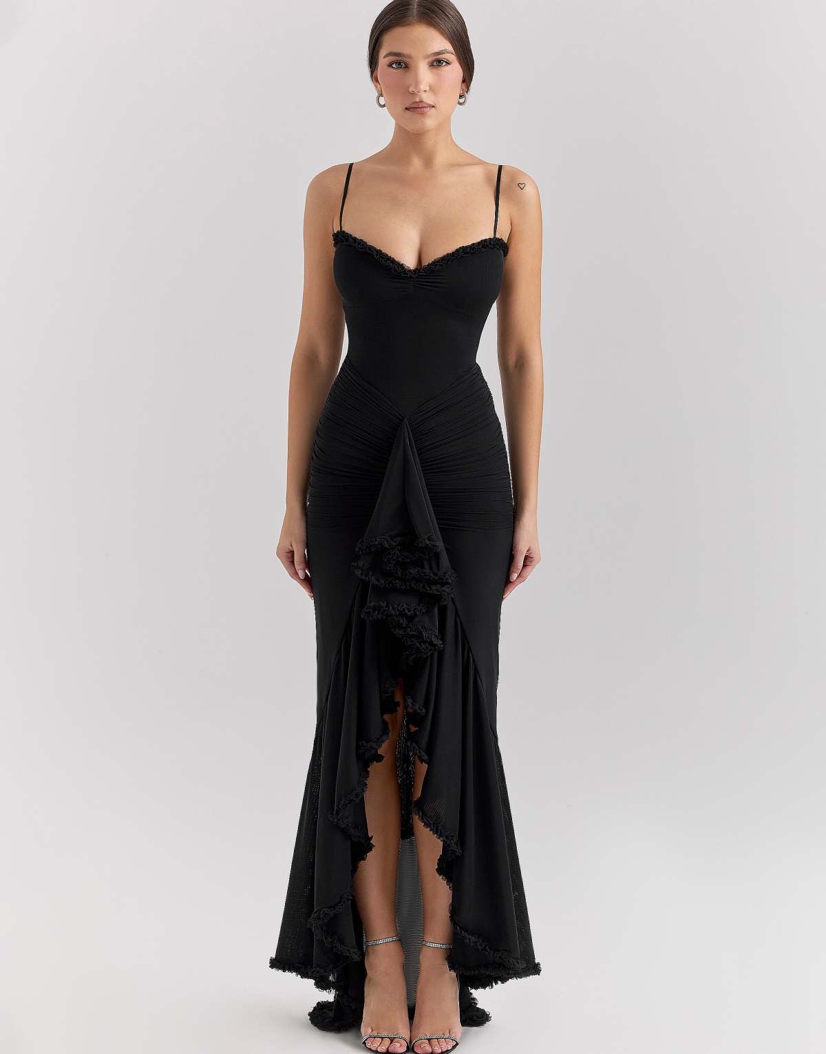 House of CB Gabbi mesh ruffled front gown in black