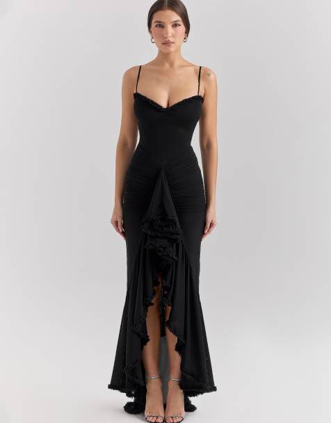House of CB Gabbi mesh ruffled front gown in black