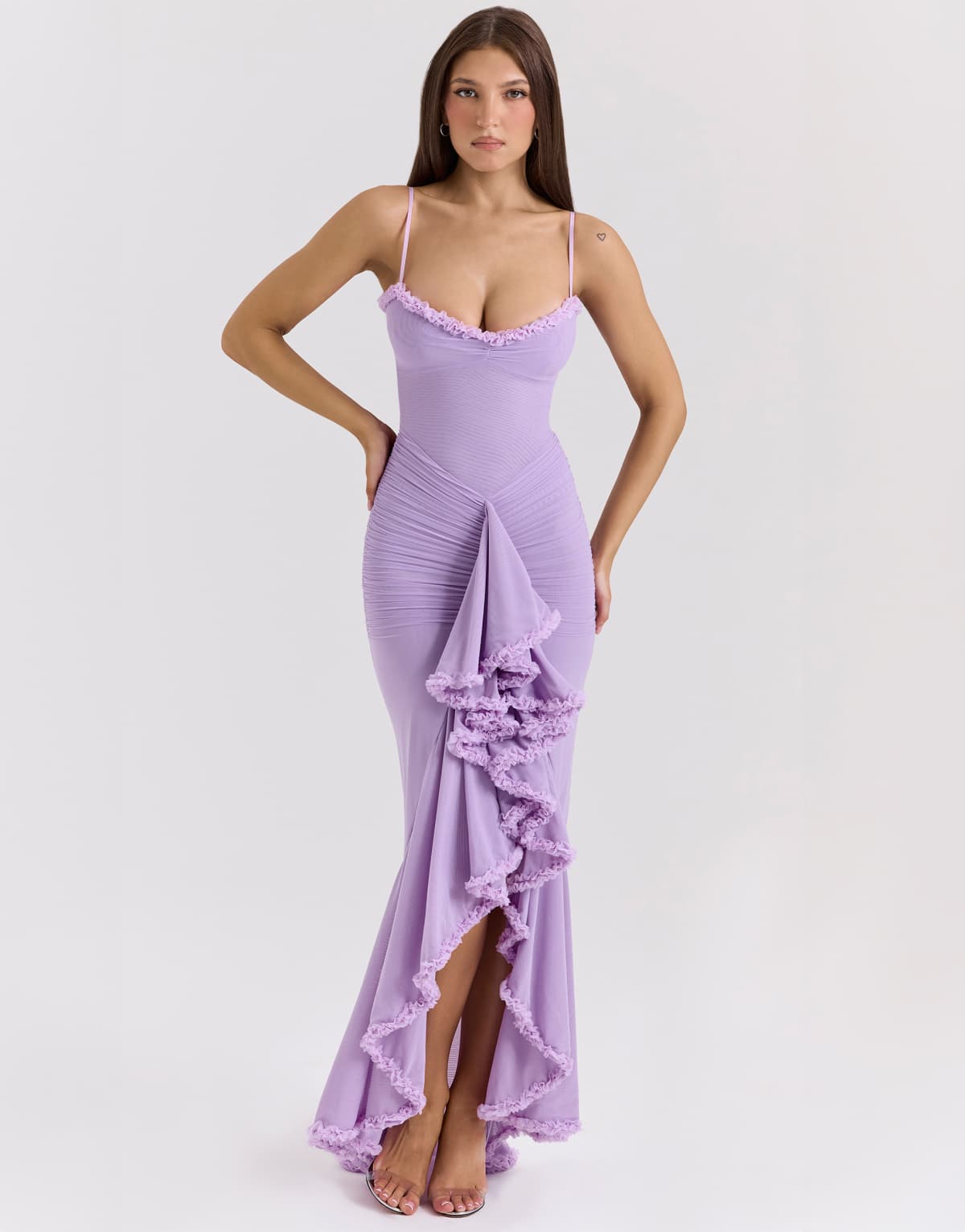 House of CB Gabbi mesh ruffled front gown in orchid
