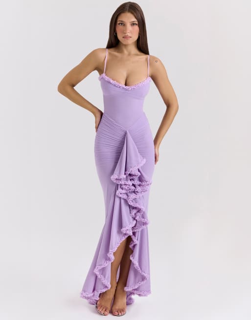 House of CB Gabbi mesh ruffled front gown in orchid