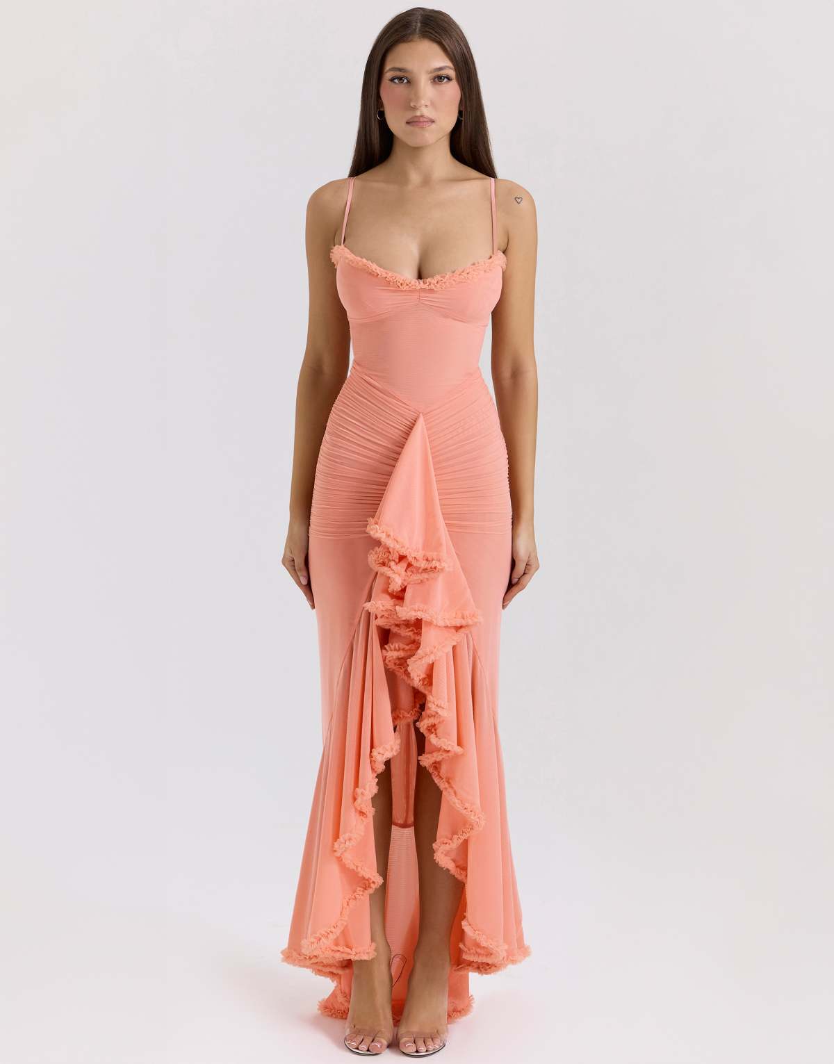House of CB Gabbi mesh ruffled front gown in peach