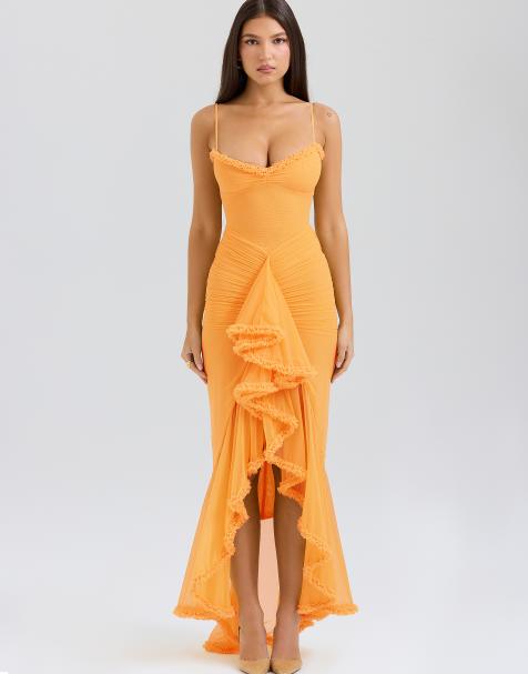House of CB Gabbi ruffled front gown in apricot