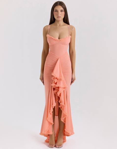 House of CB Gabbi ruffled front gown in peach