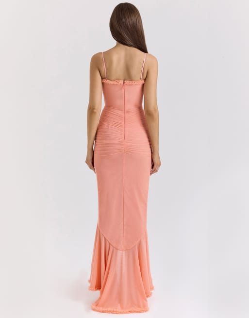 House of CB Gabbi ruffled front gown in peach, 3 of 4