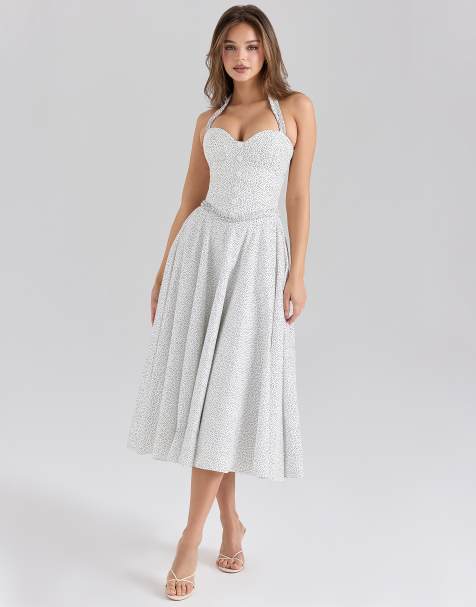 House of CB Georgie cotton halter neck midi dress in white polka dot