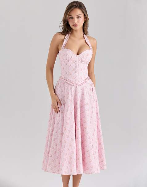 House of CB Georgie stretch cotton halter neck midi dress in pink rose print