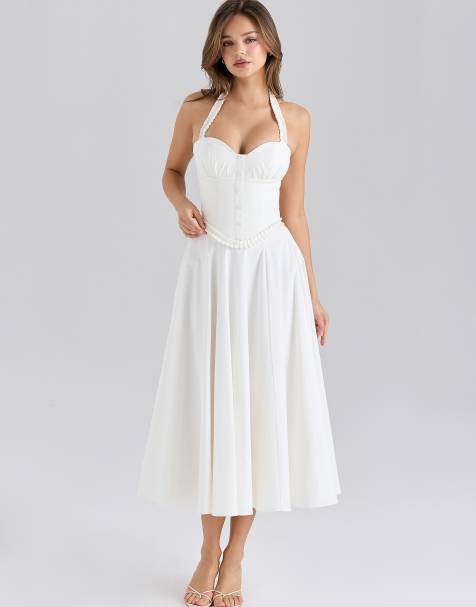 House of CB Georgie stretch cotton halter neck midi dress in white