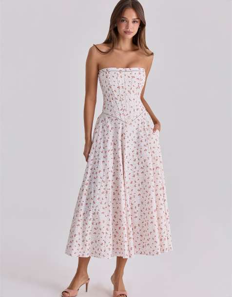 House of CB - Gina - Robe bustier longue en coton à imprimé roses - Blanc - view 1