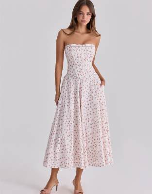 Gina - Trägerloses Maxikleid aus Baumwolle in Weiß mit Rosenmuster Weiß S A-C Cup