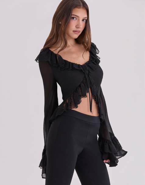 House of CB Goya black ruffled sleeve blouse in black