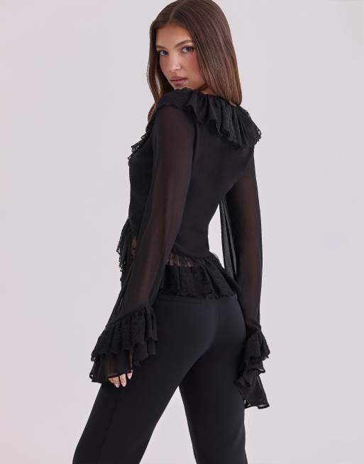House of CB - Goya - Blouse à manches volantées - Noir, 2 de 4