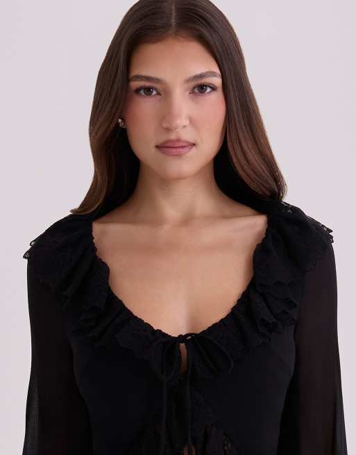 House of CB - Goya - Blouse à manches volantées - Noir, 4 de 4