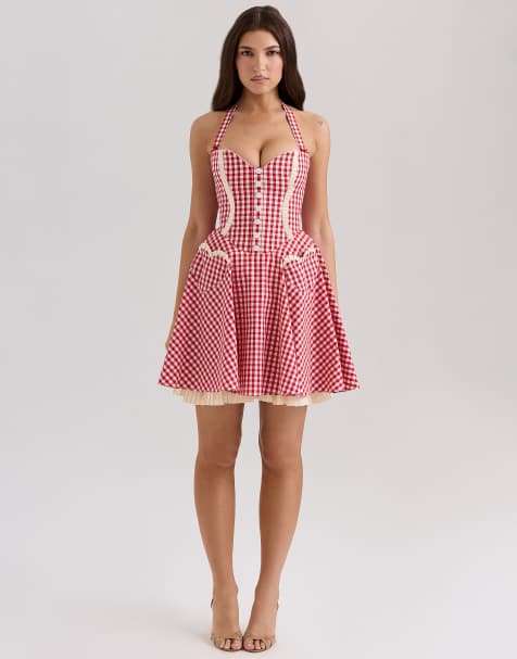 House of CB Heidi cotton halter neck mini dress in red gingham