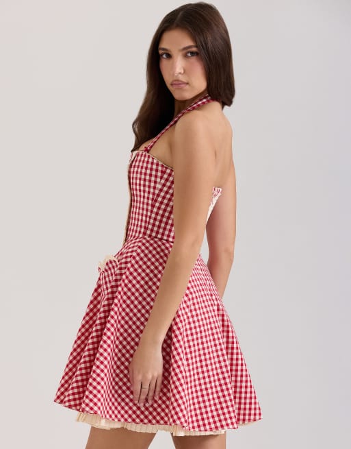 House of CB Heidi cotton halter neck mini dress in red gingham ASOS