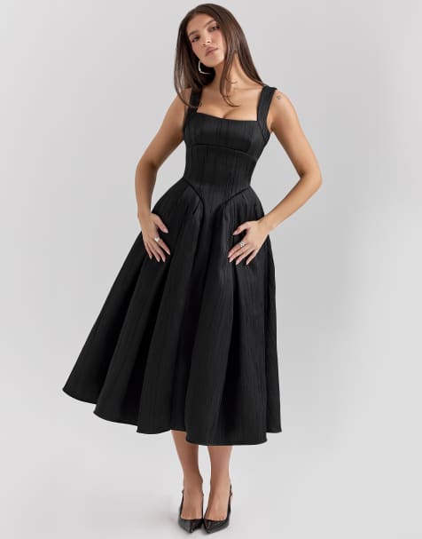 House of CB Isabeau satin corset midi dress in black