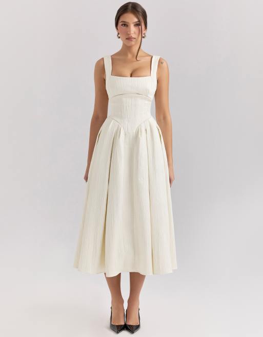 House of CB Isabeau textured satin corset midi dress in ivory