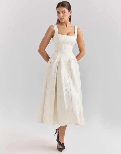 House of CB Isabeau textured satin corset midi dress in ivory - view 1