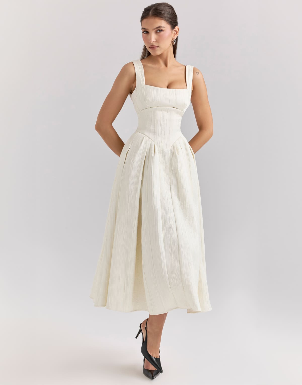 House of CB Isabeau textured satin corset midi dress in ivory