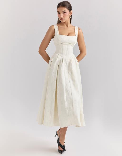 House of CB Isabeau textured satin corset midi dress in ivory