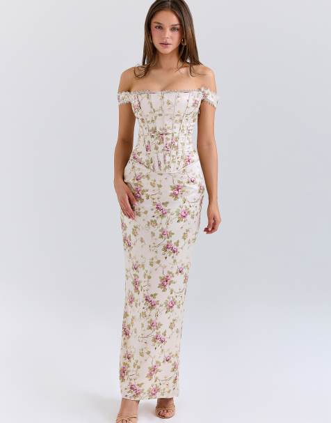 House of CB Isis vintage cream floral print corset maxi dress in vintage cream - view 1