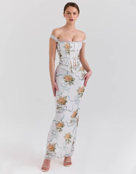 House of CB Isis vintage print corset maxi dress in soft blue