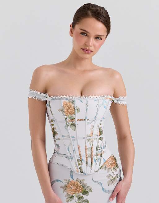 House of CB Isis vintage print corset maxi dress in soft blue ASOS