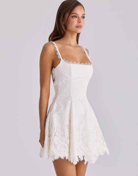 House of CB Isla white custom lace broderie anglaise mini dress in white