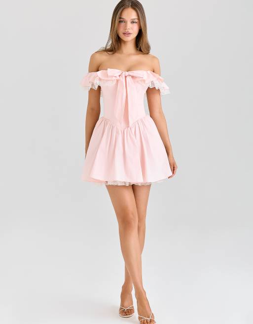 House of CB Jaide pink stretch cotton off shoulder corset mini dress in pink  | ASOS