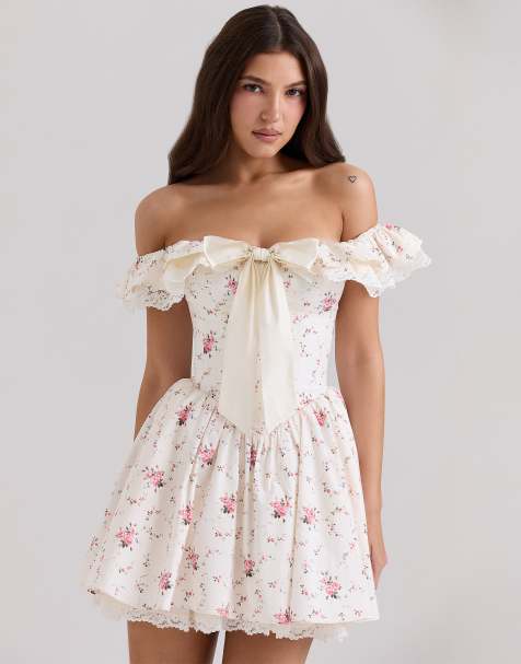 House of CB Jaide stretch cotton off shoulder corset mini dress in floral print - MULTI