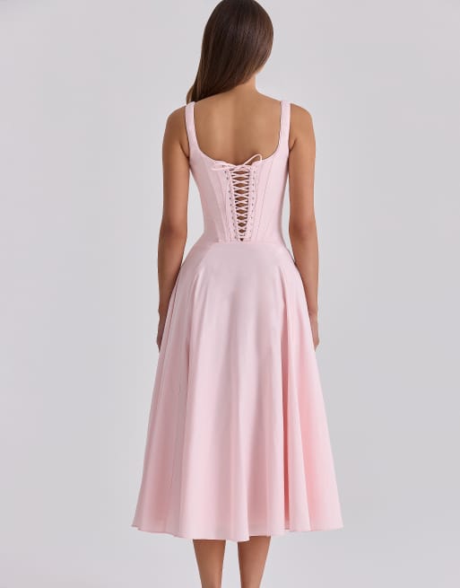 House of CB Jaime prendisole midi in cotone con lacci rosa, 4 di 4