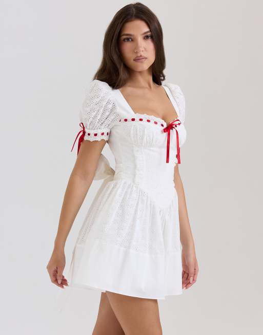 House of CB Jana broderie anglaise puff sleeve mini dress in white
