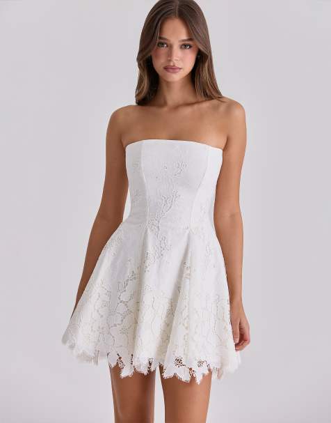 House of CB Jemima white strapless custom lace broderie anglaise mini dress in white