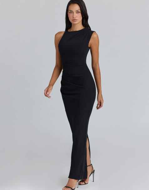 House of CB - Keoni - Asymmetrische gedrapeerde maxi jurk in zwart - view 1