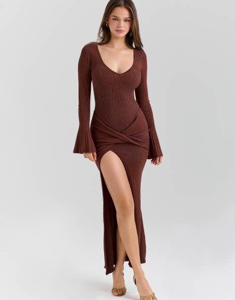House of CB Khrysta chocolate brown draped summer knit maxi dress in chocolate