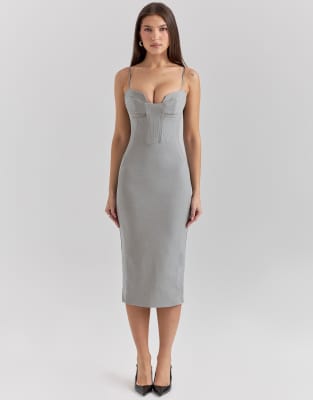 House of CB Kiki mesh panelled bodycon midi dress in light grey ASOS